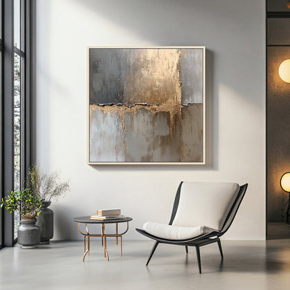 Framed Abstract Canvas – “Gilded Faultline” Gold and Gray Modern Wall Art