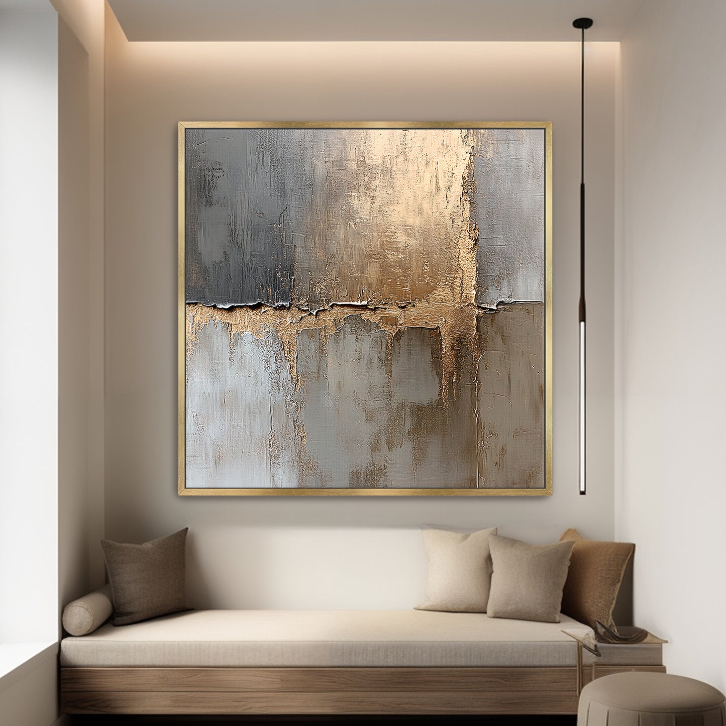 Framed Abstract Canvas – “Gilded Faultline” Gold and Gray Modern Wall Art