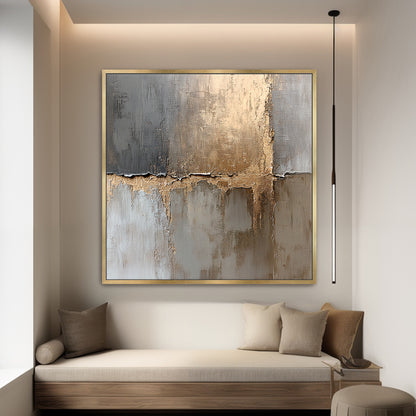Framed Abstract Canvas – “Gilded Faultline” Gold and Gray Modern Wall Art
