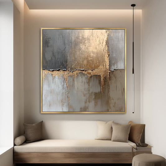 Framed Abstract Canvas – “Gilded Faultline” Gold and Gray Modern Wall Art