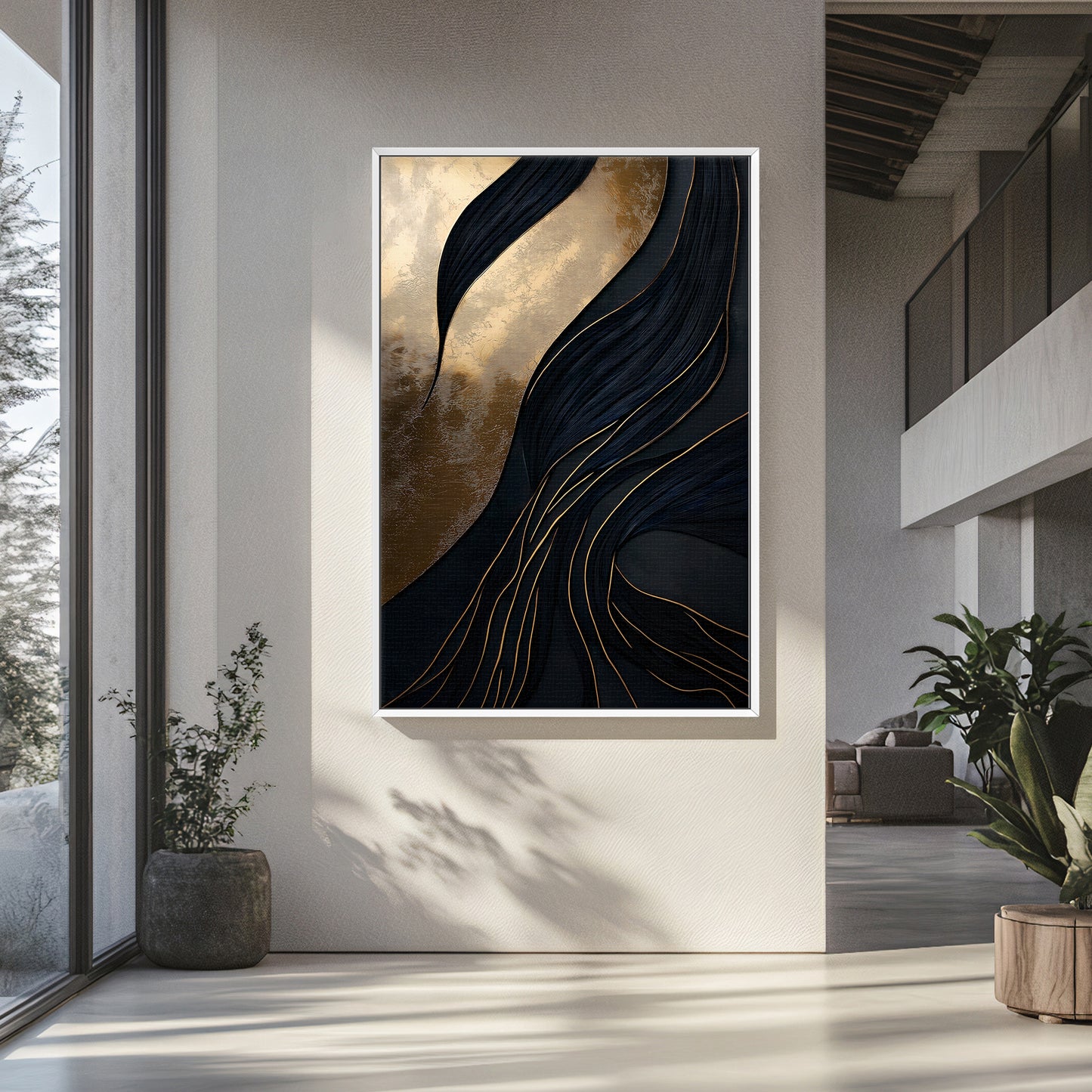 Abstract Wall Art  Framed Canvas Print - "Obsidian Drift"