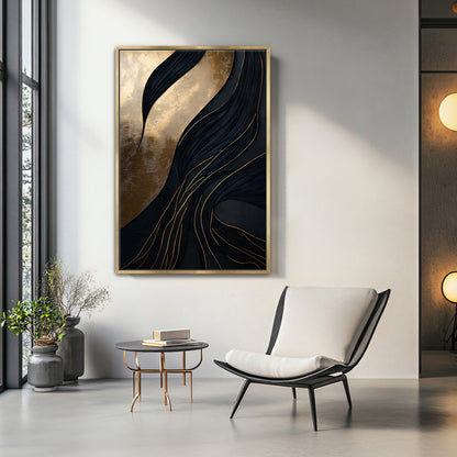Abstract Wall Art  Framed Canvas Print - "Obsidian Drift"