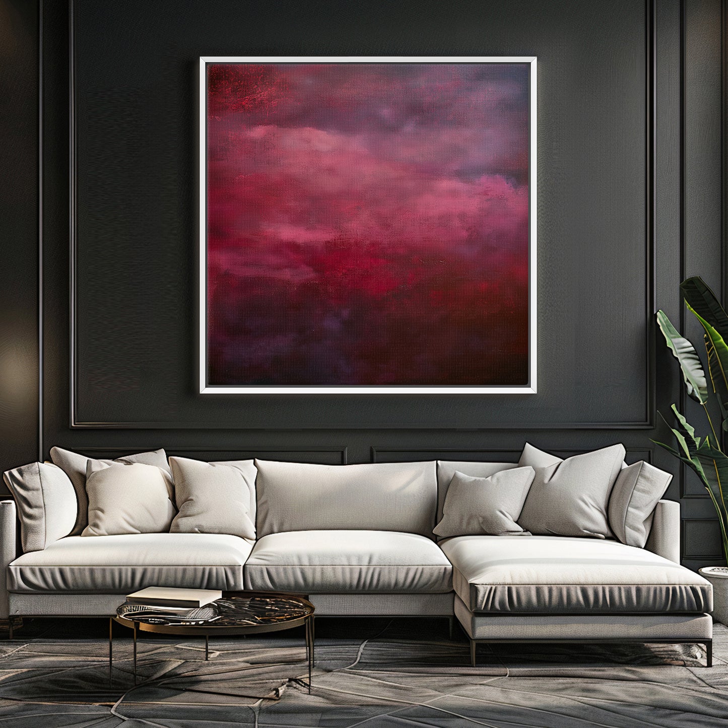 Abstract Minimalist Wall Art Framed Canvas Print - "Crimson Veil"