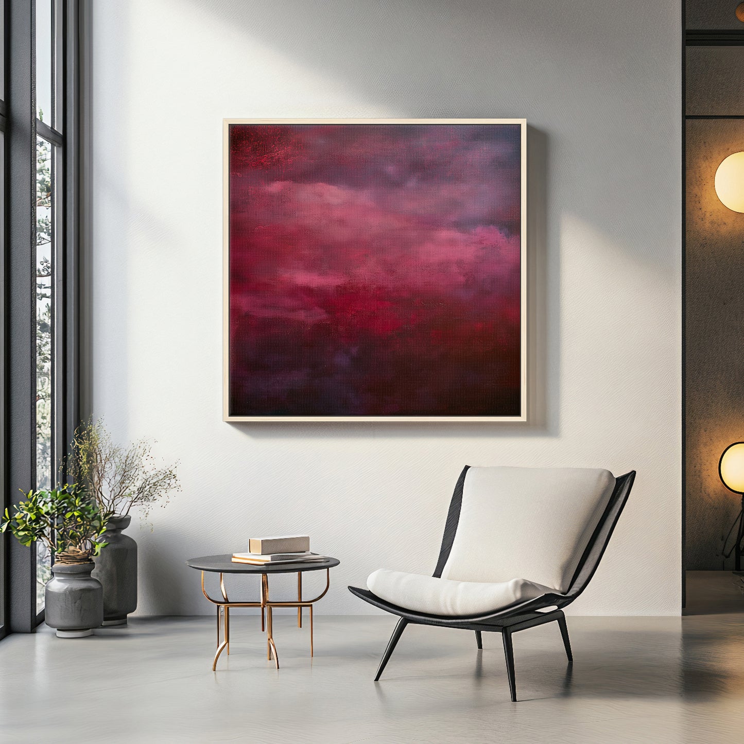 Abstract Minimalist Wall Art Framed Canvas Print - "Crimson Veil"