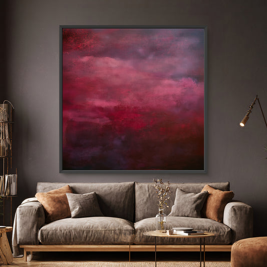Abstract Minimalist Wall Art Framed Canvas Print - "Crimson Veil"