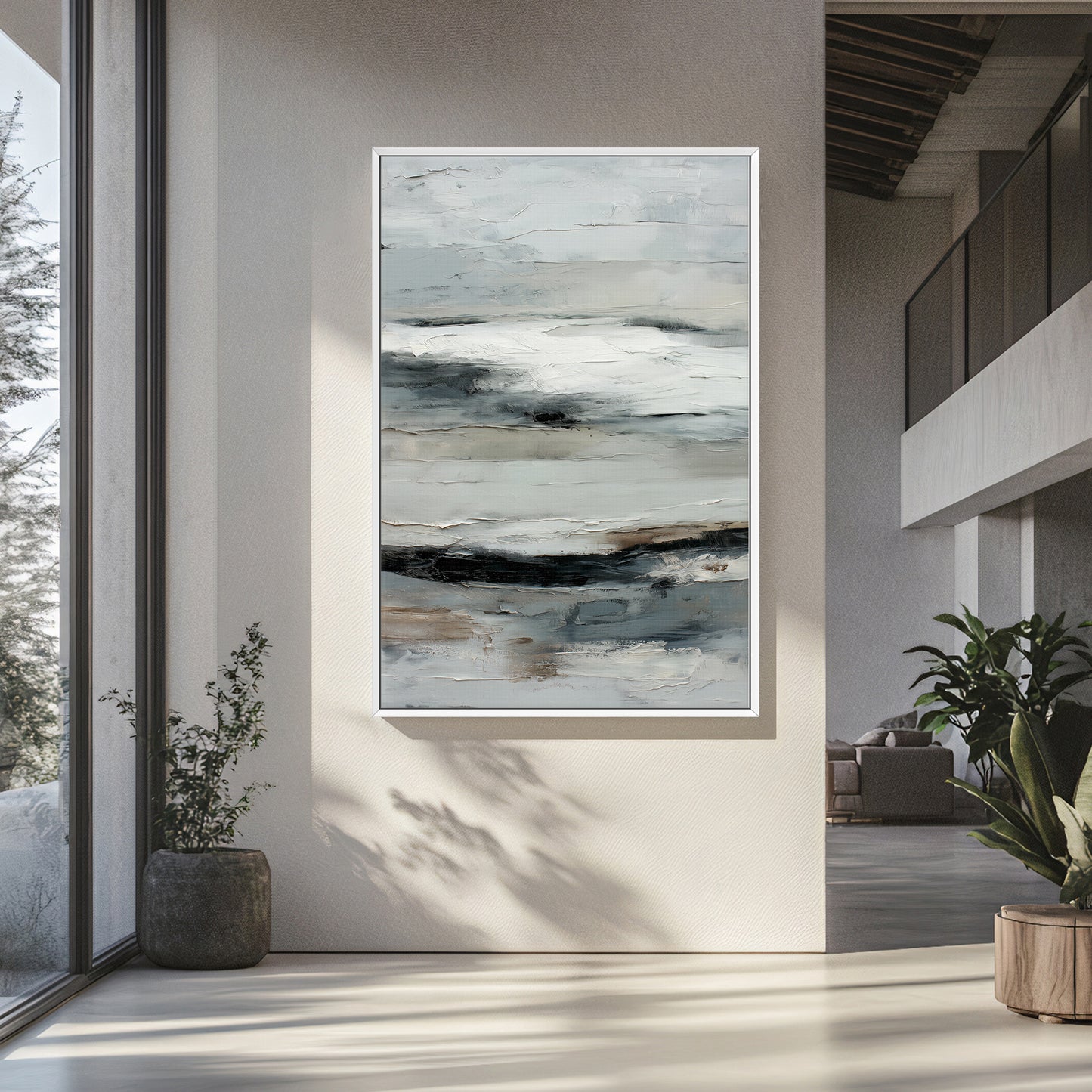 Abstract Minimalist Wall Art Framed Canvas Print - "Winter Horizon"