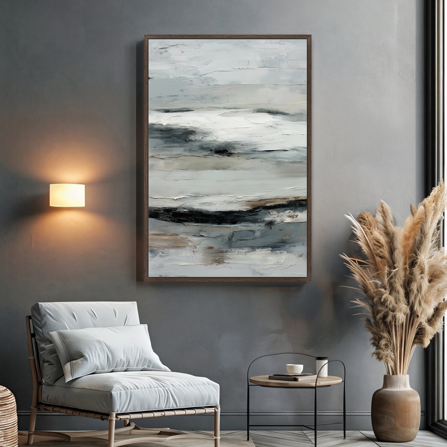 Abstract Minimalist Wall Art Framed Canvas Print - "Winter Horizon"