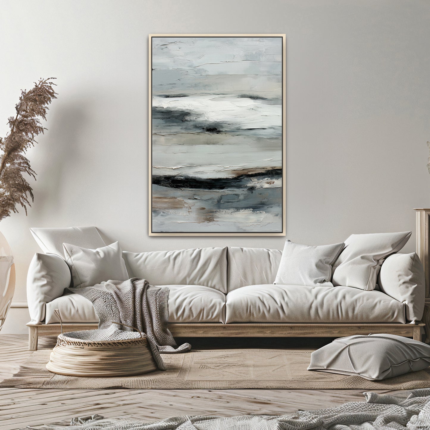 Abstract Minimalist Wall Art Framed Canvas Print - "Winter Horizon"