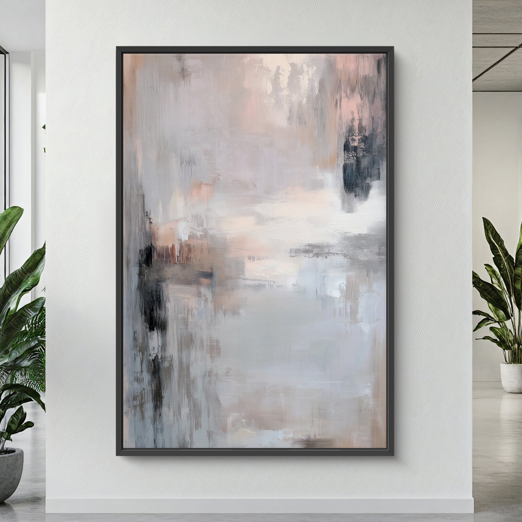 Abstract painting in a modern interior setting with plants.