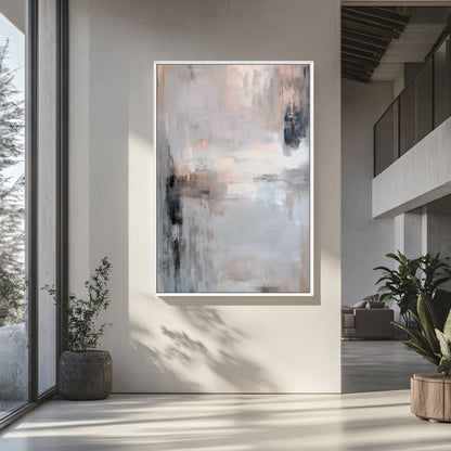Abstract painting in a modern living room with plants and a large window.