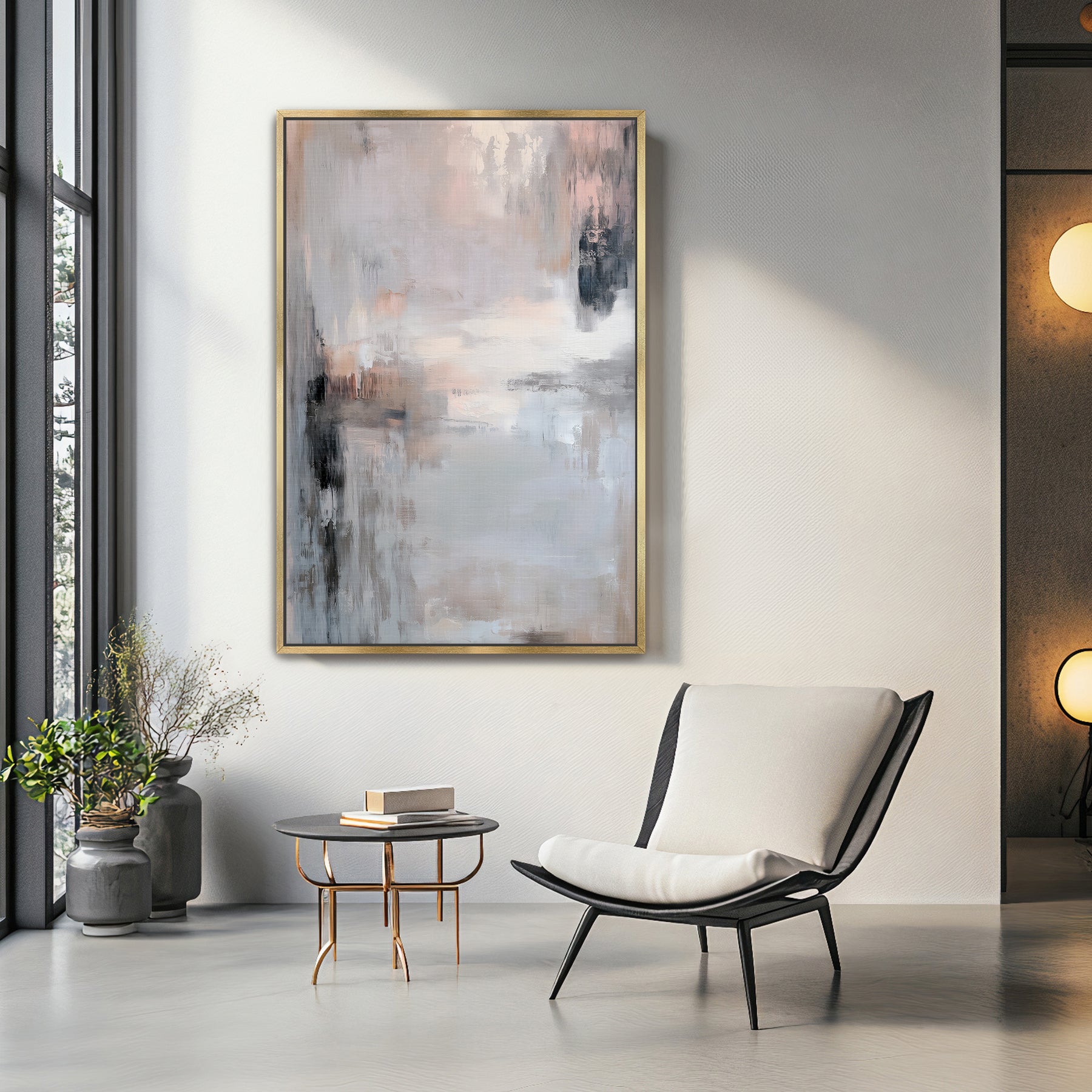 Modern living room with abstract painting, chair, and small table.