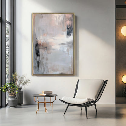 Modern living room with abstract painting, chair, and small table.