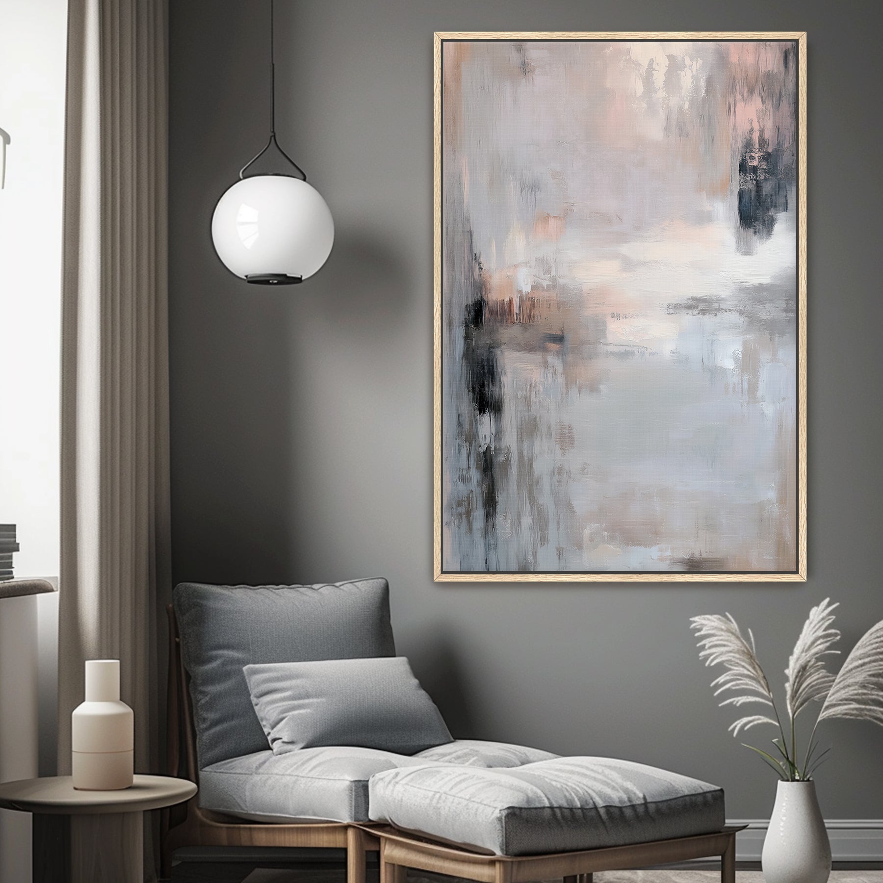 Modern living room with a gray armchair, abstract painting, and decorative elements.
