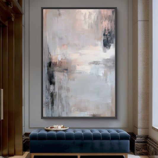 Abstract painting on a wall above a blue bench in a room with architectural details.