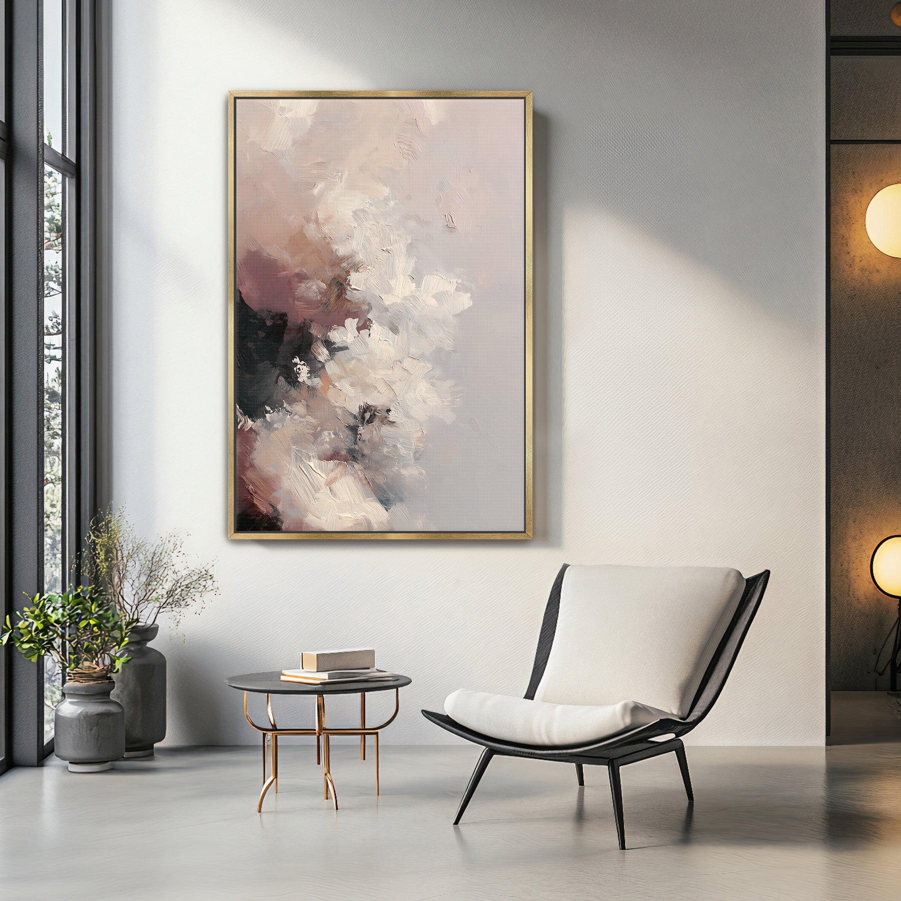 Modern living room with abstract painting, chair, and side table.