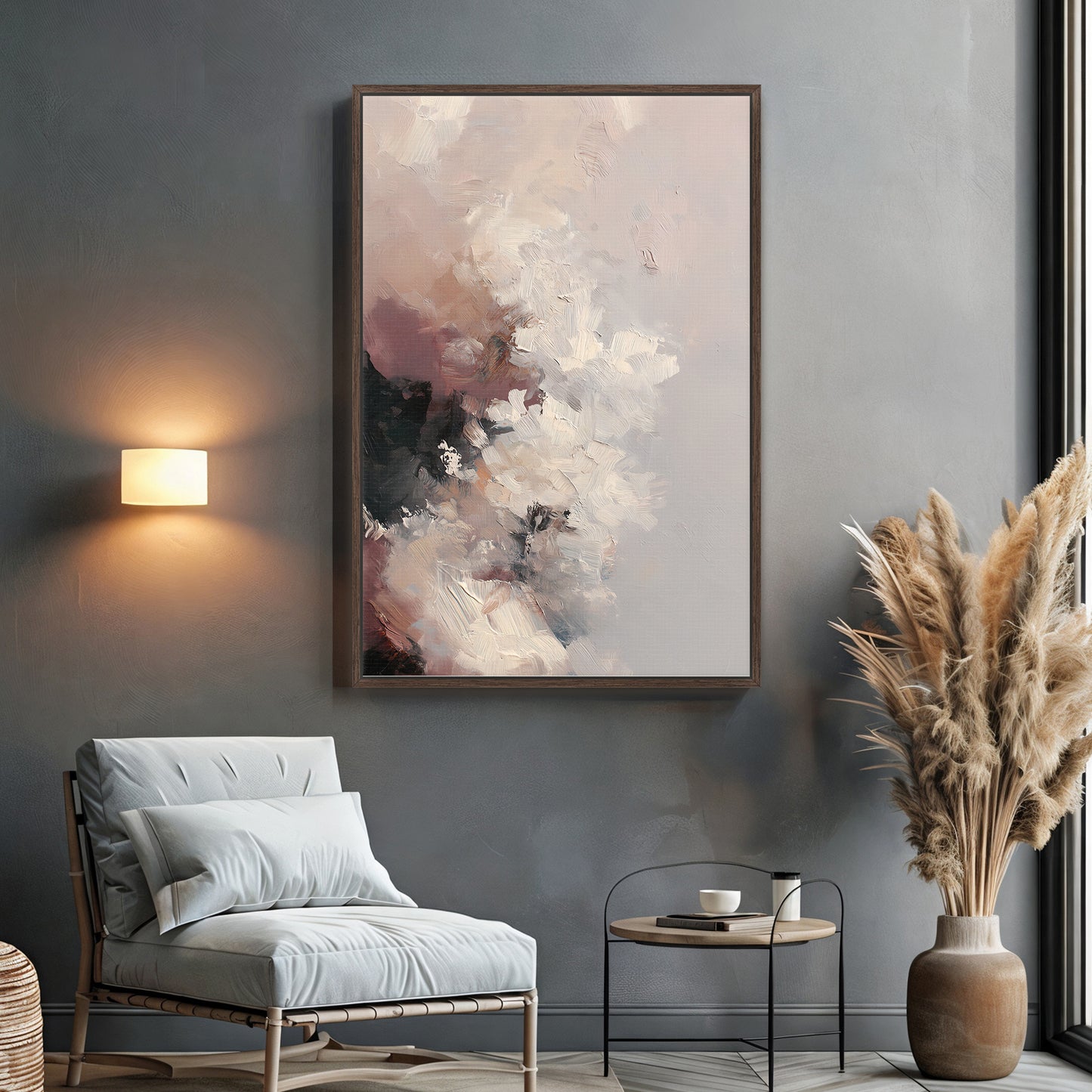 Modern interior with abstract painting, chair, and decorative elements.