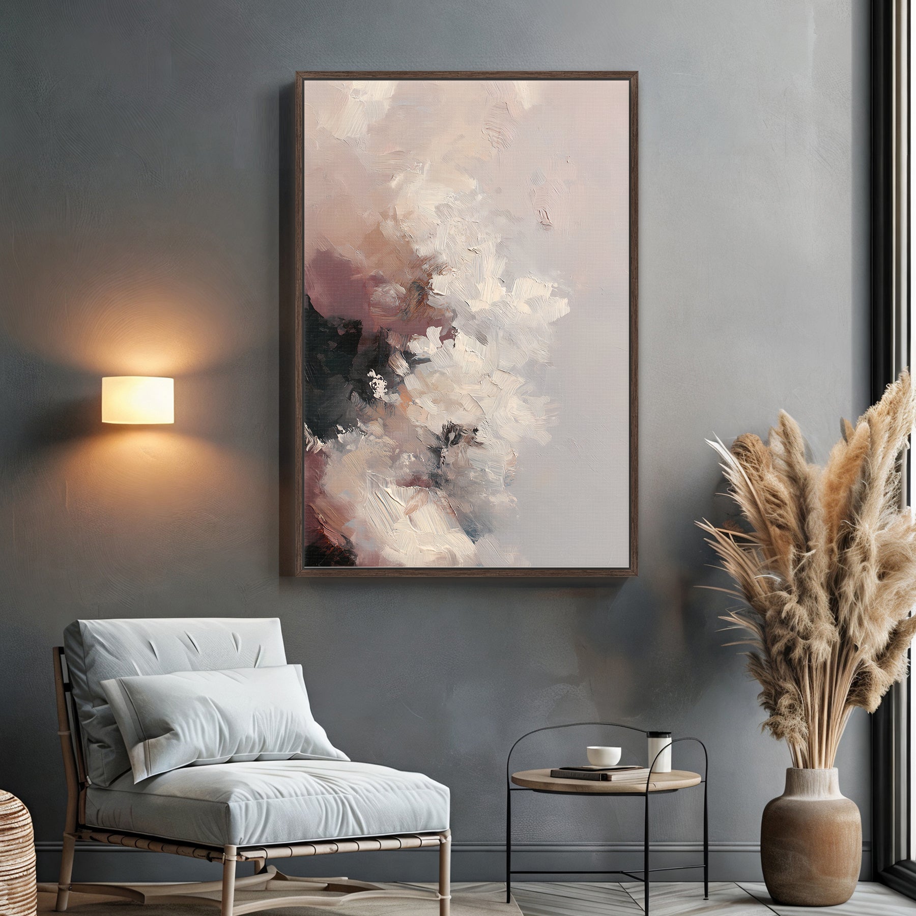 Modern interior with abstract painting, chair, and decorative elements.