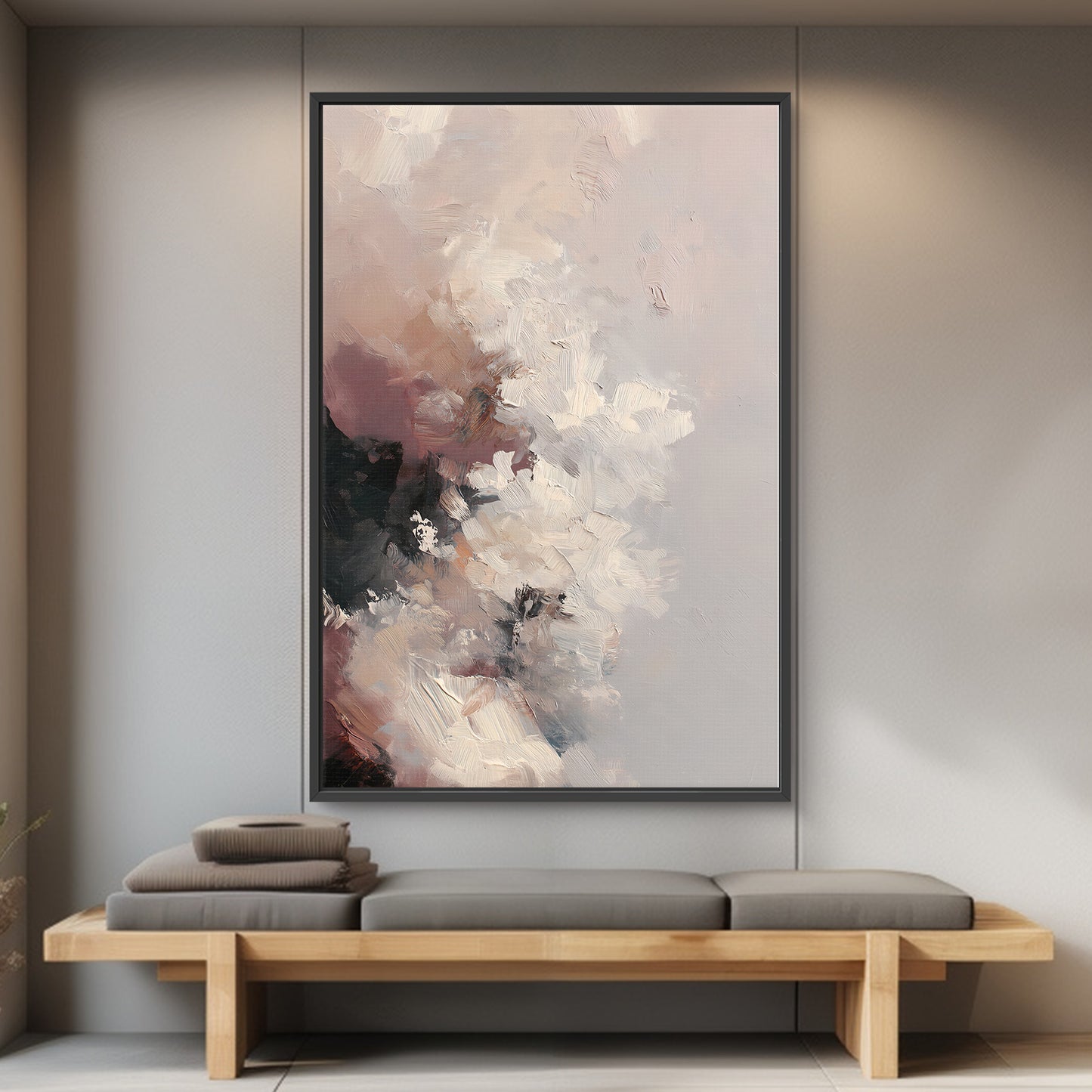 Abstract painting on a wall above a wooden bench with cushions.