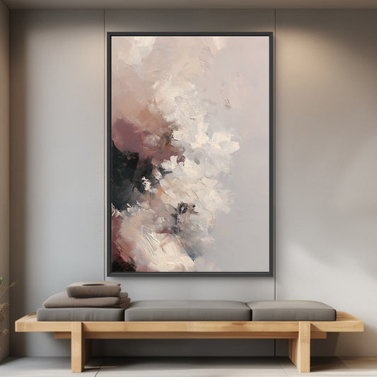 Abstract painting on a wall above a wooden bench with cushions.