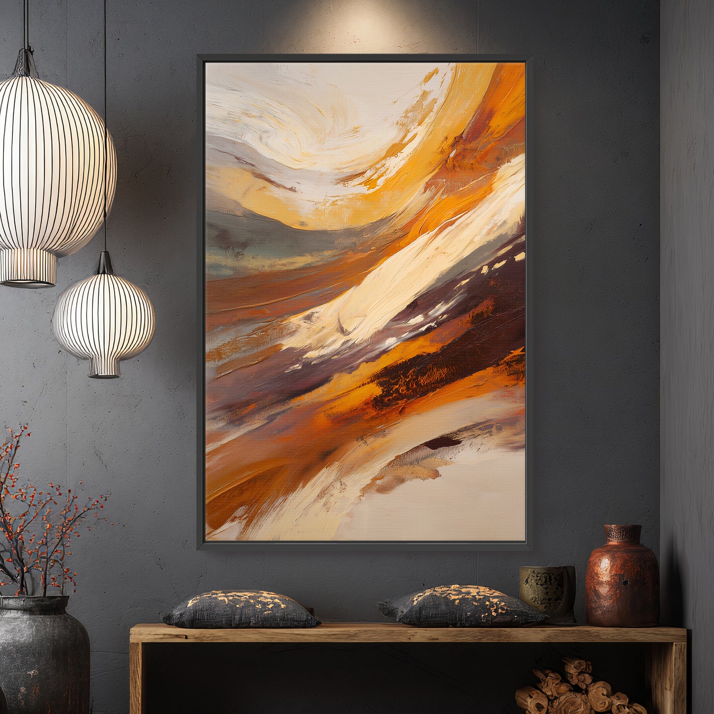Modern Abstract Framed Canvas Wall Art - "Terra Swirl"