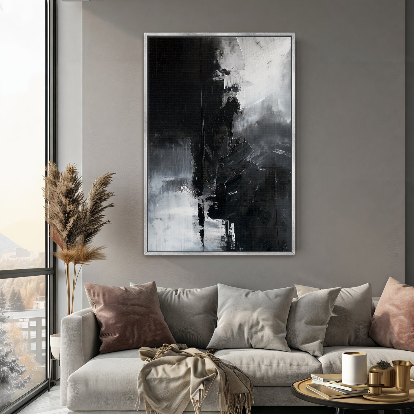 Abstract Monochromatic Framed Canvas Wall Art - "Midnight Fragment"