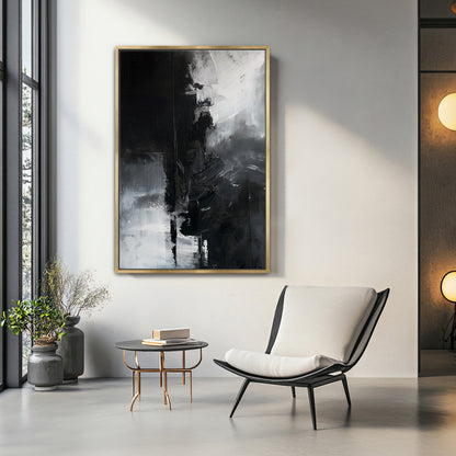 Abstract Monochromatic Framed Canvas Wall Art - "Midnight Fragment"