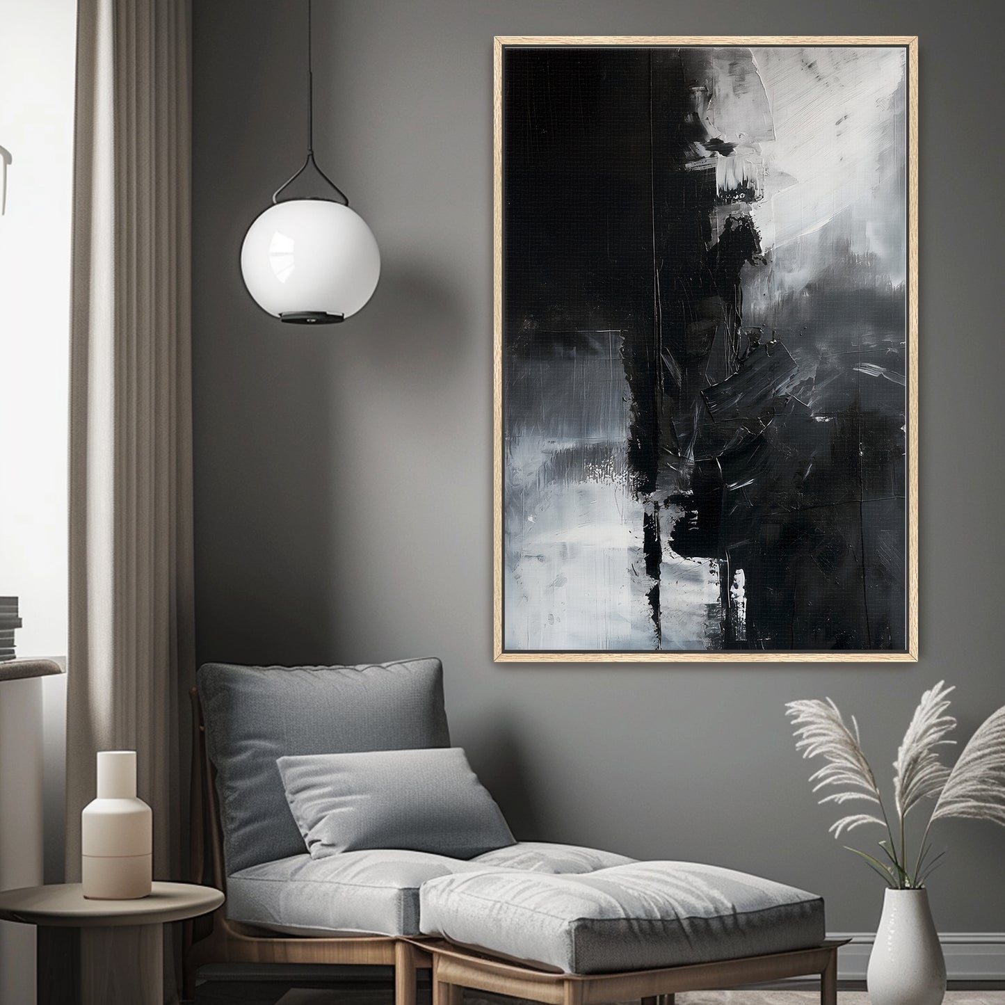 Abstract Monochromatic Framed Canvas Wall Art - "Midnight Fragment"