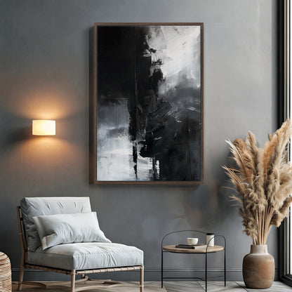 Abstract Monochromatic Framed Canvas Wall Art - "Midnight Fragment"