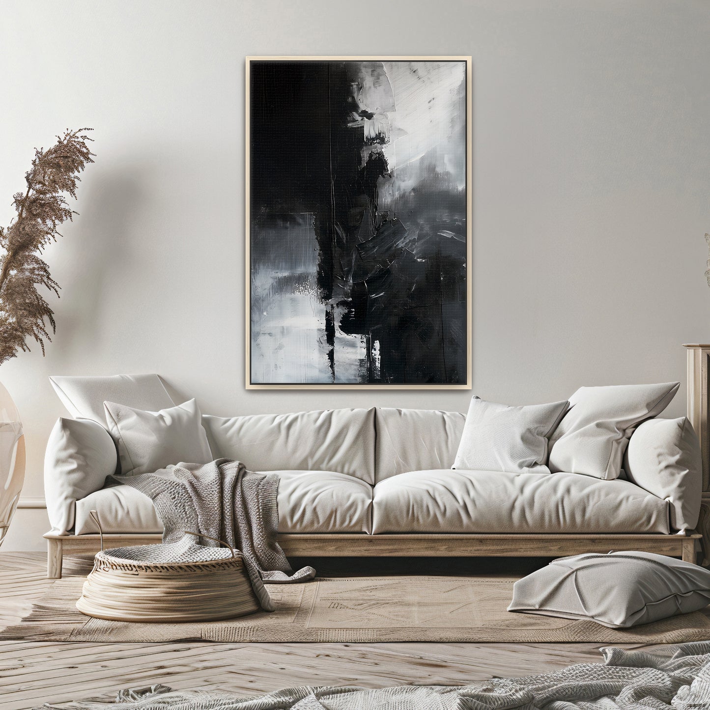 Abstract Monochromatic Framed Canvas Wall Art - "Midnight Fragment"