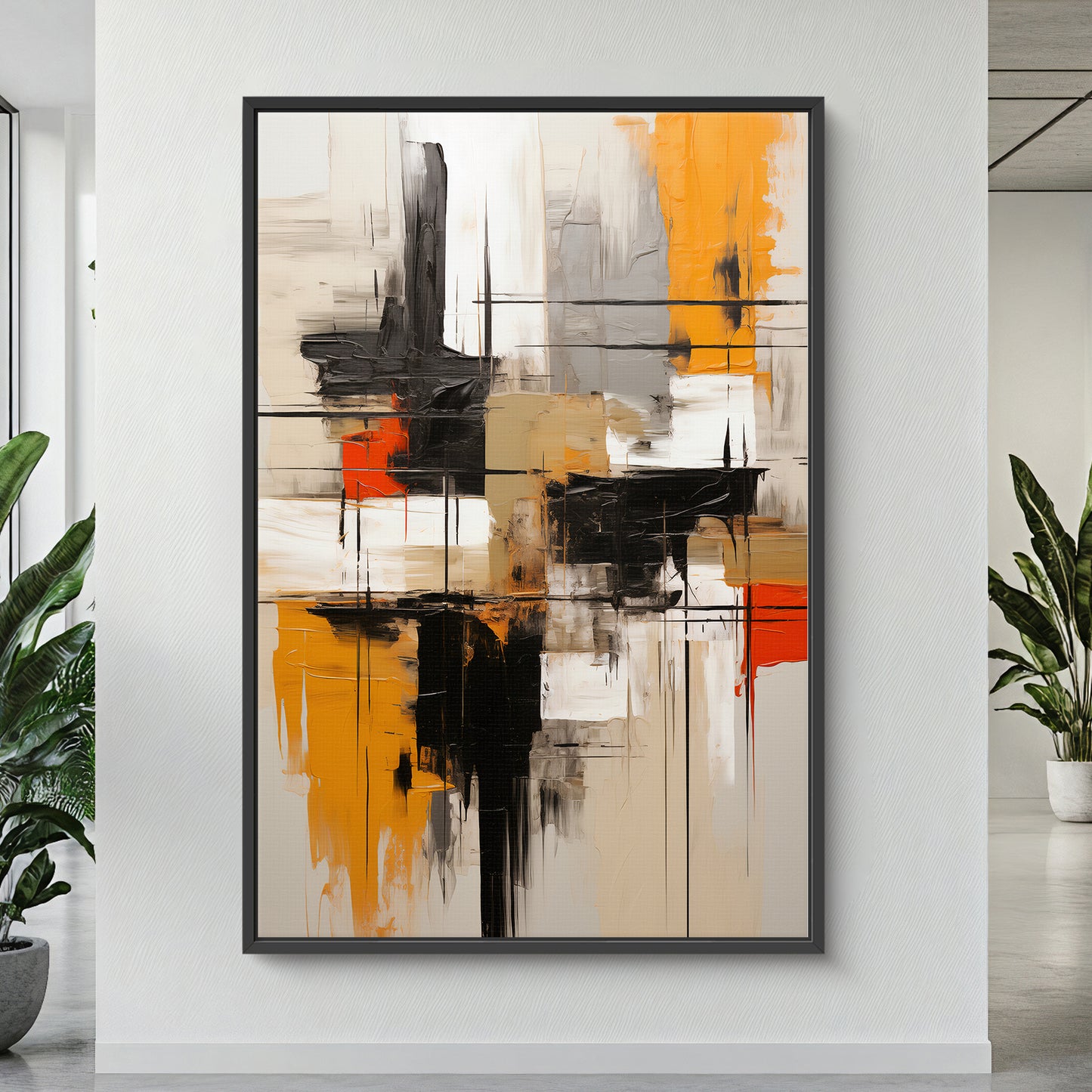 Abstract Geometric Artwork Framed Canvas Giclee Print - "Ochre Blueprint"