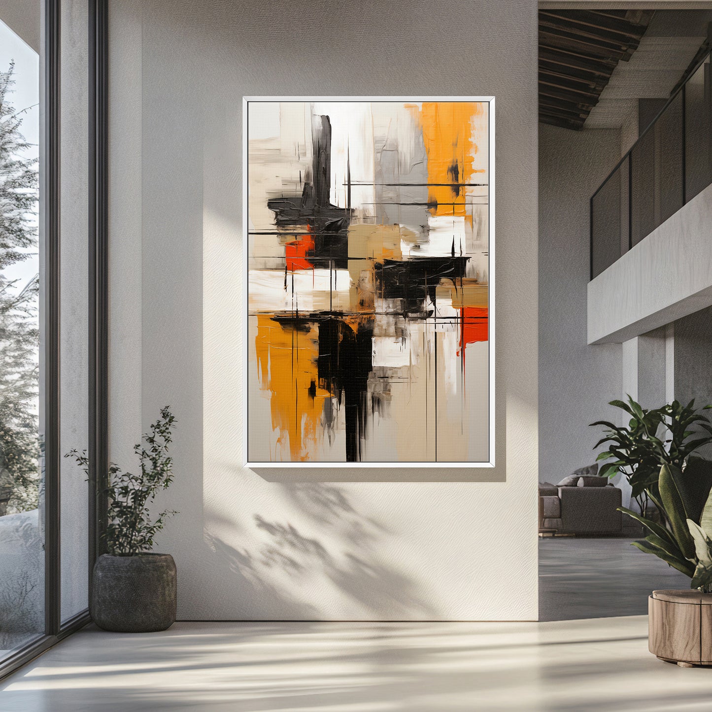 Abstract Geometric Artwork Framed Canvas Giclee Print - "Ochre Blueprint"