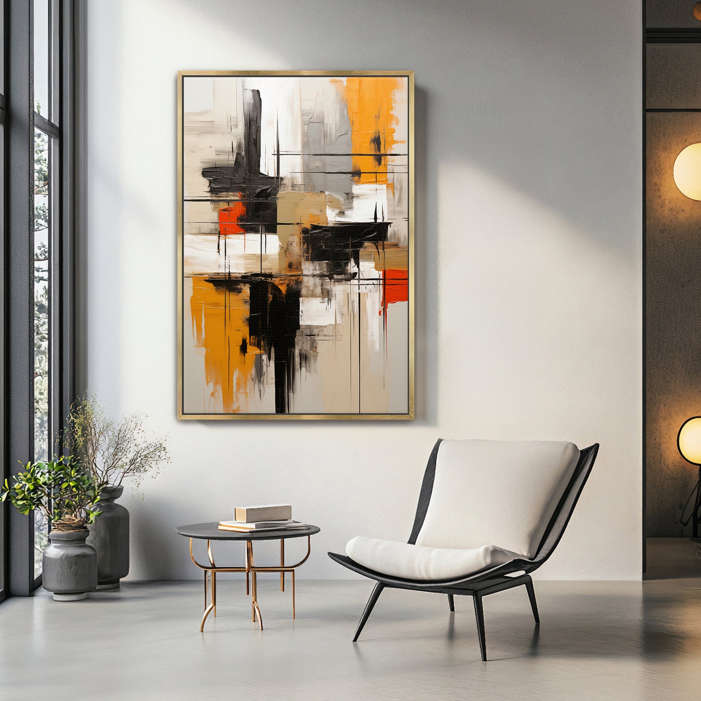 Abstract Geometric Artwork Framed Canvas Giclee Print - "Ochre Blueprint"