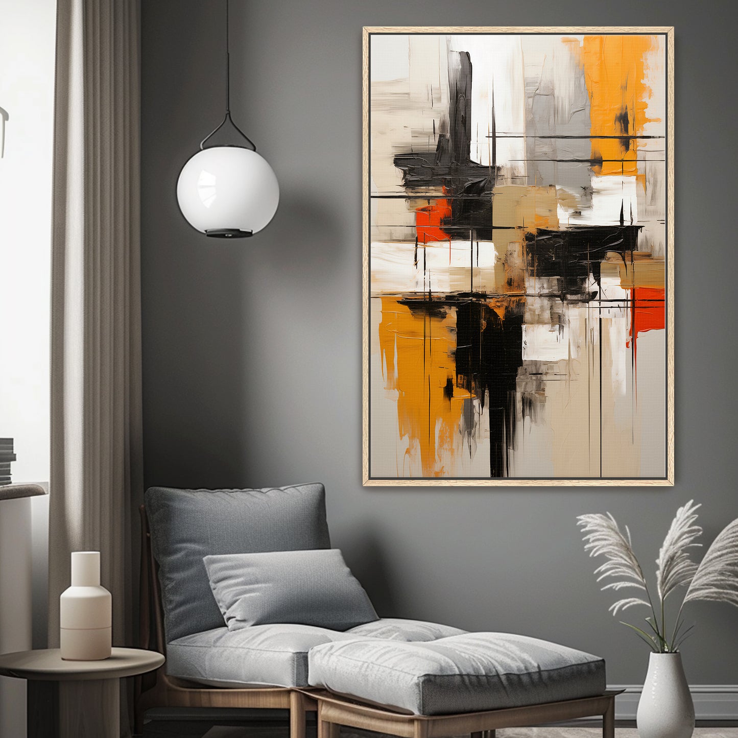 Abstract Geometric Artwork Framed Canvas Giclee Print - "Ochre Blueprint"