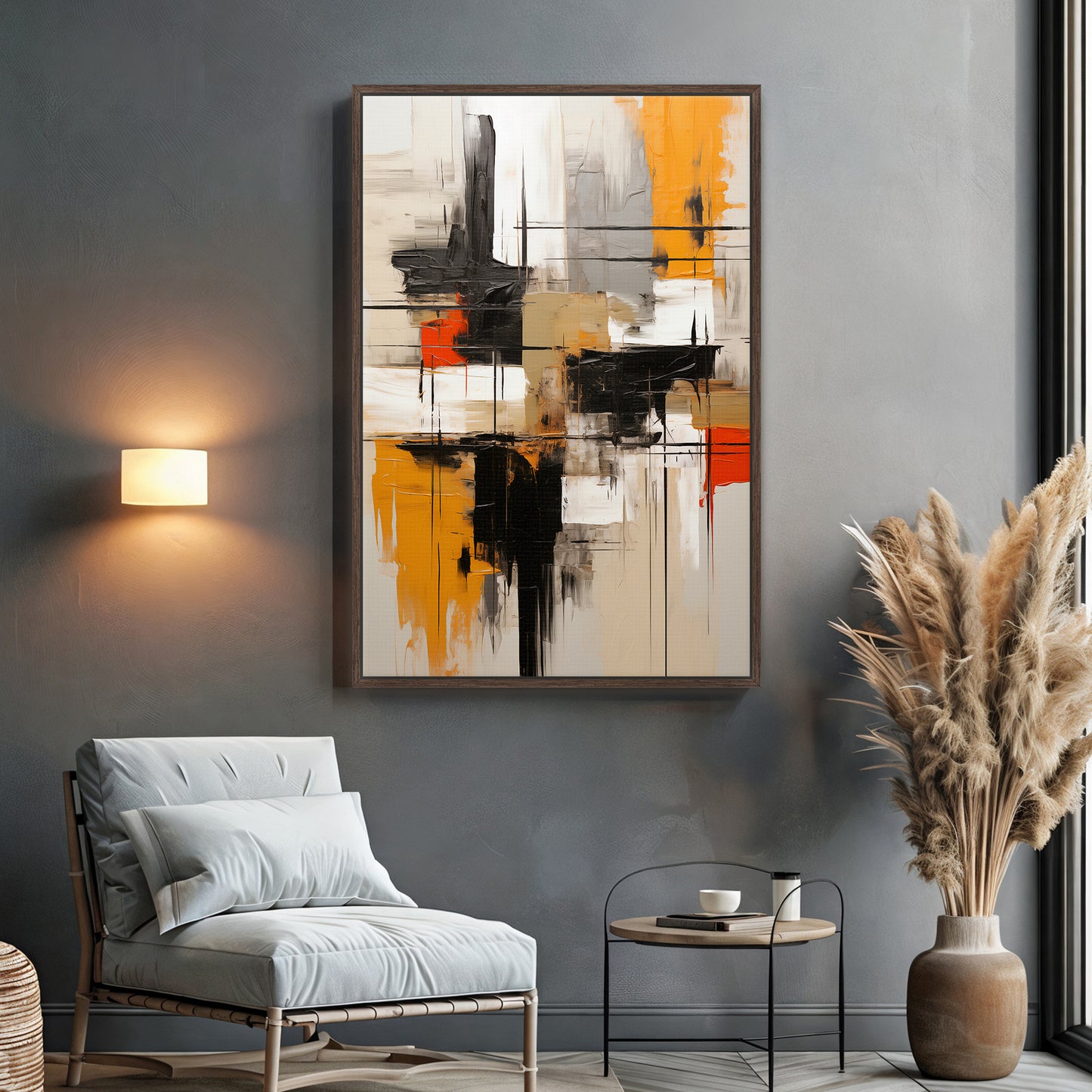 Abstract Geometric Artwork Framed Canvas Giclee Print - "Ochre Blueprint"