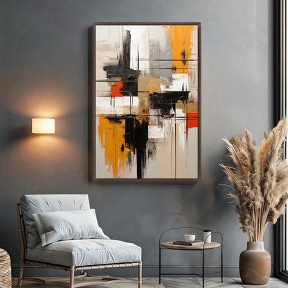 Abstract Geometric Artwork Framed Canvas Giclee Print - "Ochre Blueprint"