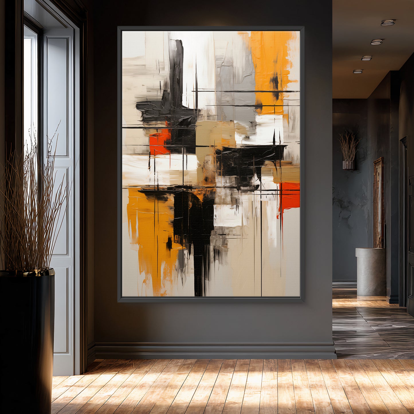 Abstract Geometric Artwork Framed Canvas Giclee Print - "Ochre Blueprint"