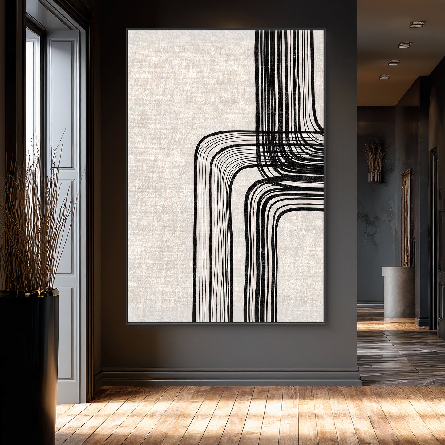 Modern minimalist abstract artwork with black curved lines on a neutral textured background, printed on canvas