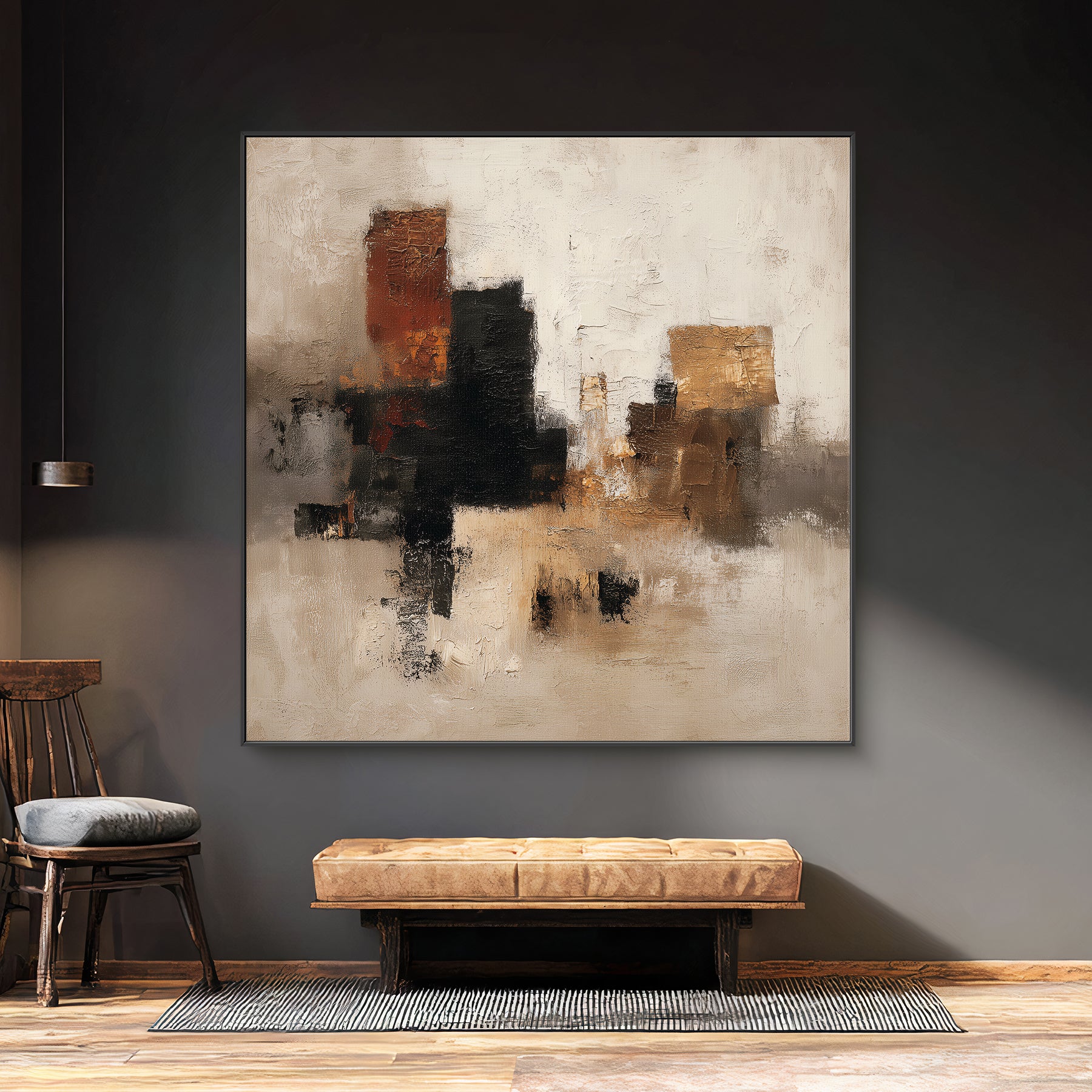 ramed abstract canvas wall art with beige, charcoal, and warm brown textured shapes