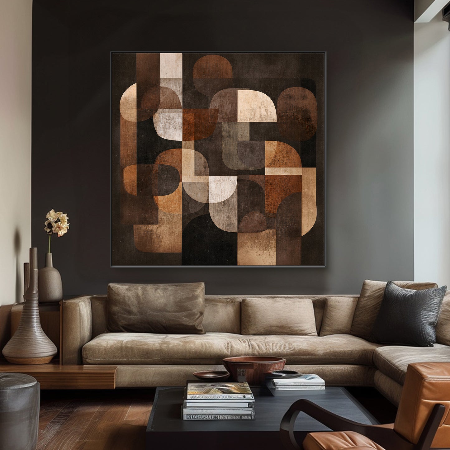 Framed geometric abstract canvas wall art with layered curved forms in warm neutral tones