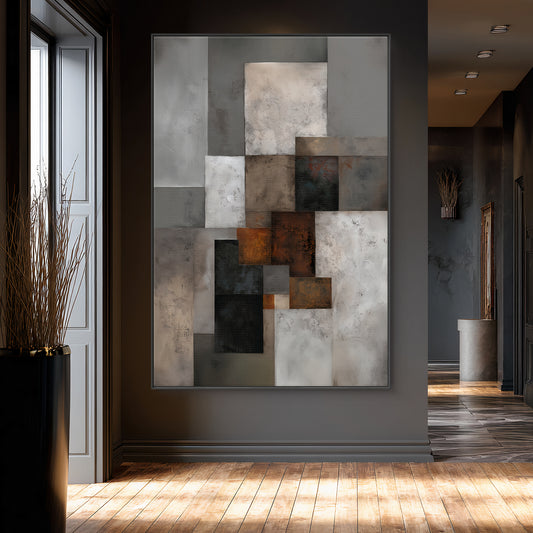 Modern geometric abstract wall art featuring layered rectangles in rust, charcoal, taupe, and ivory tones.