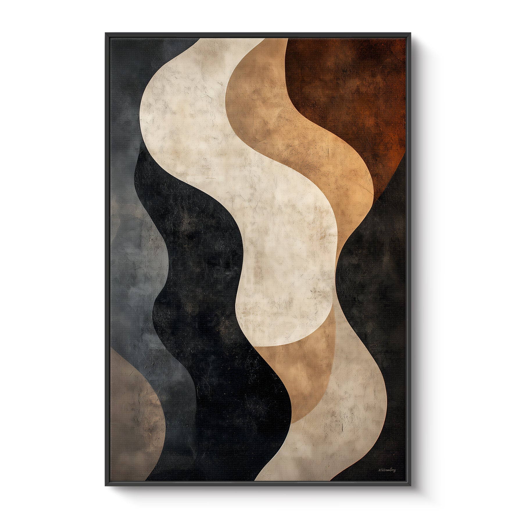 Framed canvas print with fluid cream and caramel wave forms against a deep charcoal ground — earthy organic modern wall art in a black floating frame