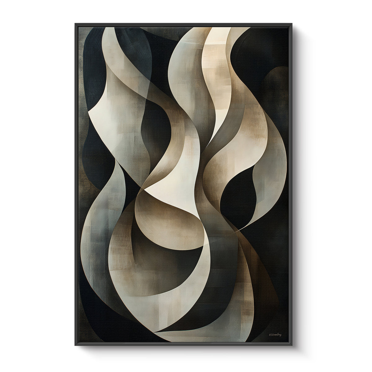 Framed canvas print with interlocking cream and slate grey ribbon forms against a deep charcoal black ground — luxury neutral wall art in a black floating frame