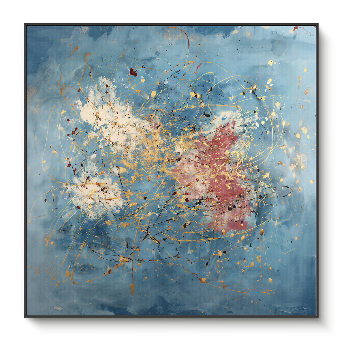 Framed canvas print with gold drip splatter and rose accents on a soft cerulean blue ground — expressive artistic wall art in a black floating frame