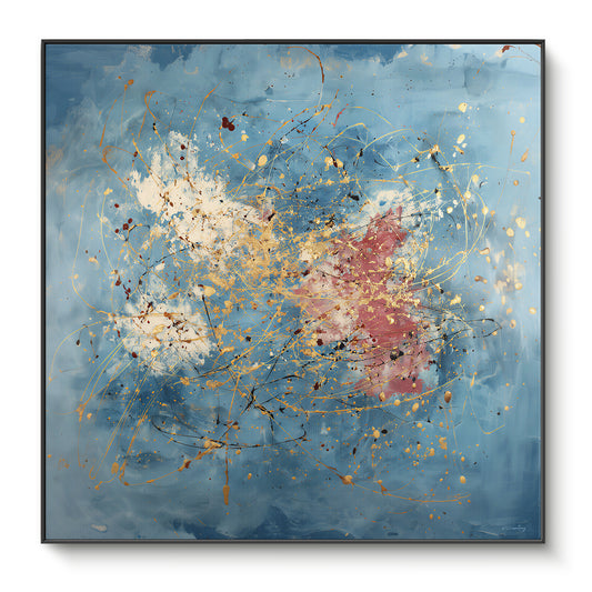 Framed canvas print with gold drip splatter and rose accents on a soft cerulean blue ground — expressive artistic wall art in a black floating frame