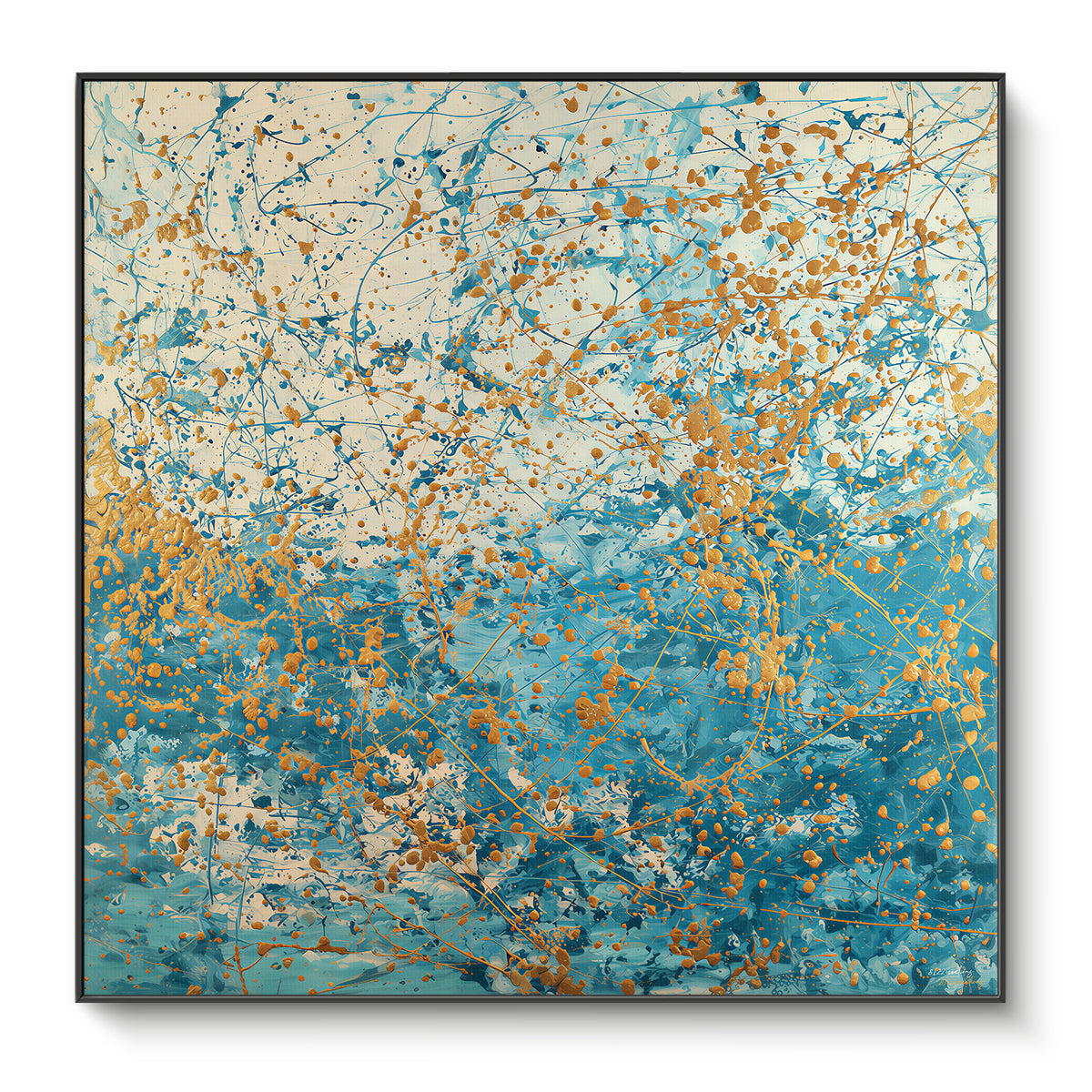 Framed canvas print with gold drip splatter transitioning from cream to turquoise and teal — expressive coastal wall art in a black floating frame