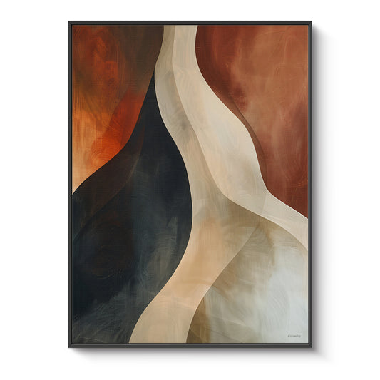 Framed canvas print with sweeping cream and sand curves against deep charcoal and rust orange — bold earthy wall art in a black floating frame