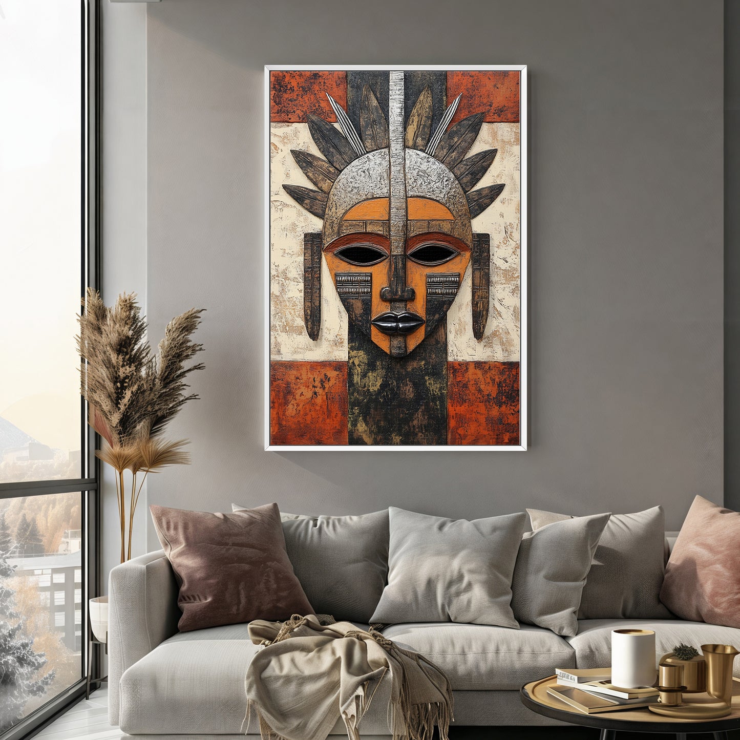 African Abstract Art Framed Canvas Print - "Guardian of Tradition"