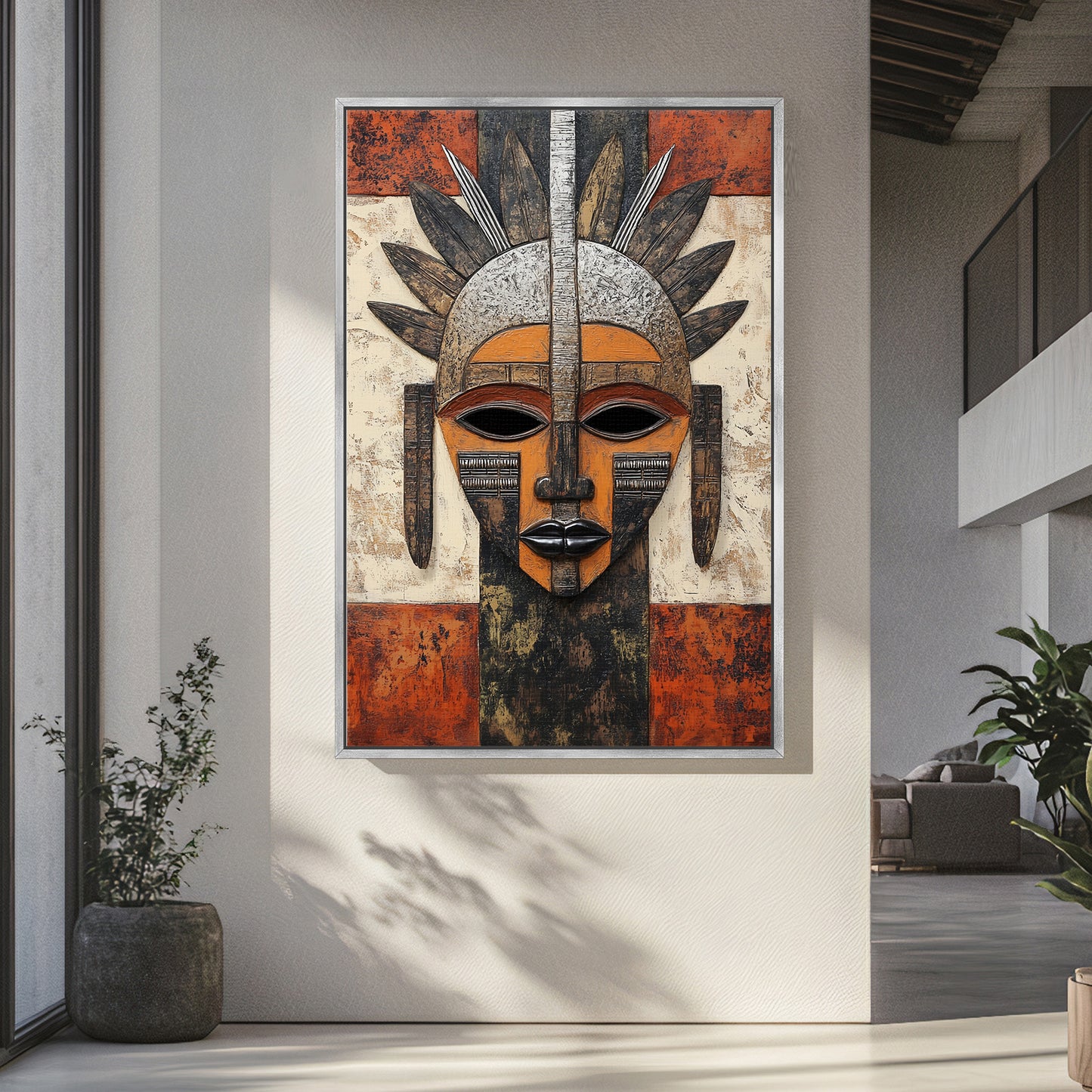 African Abstract Art Framed Canvas Print - "Guardian of Tradition"