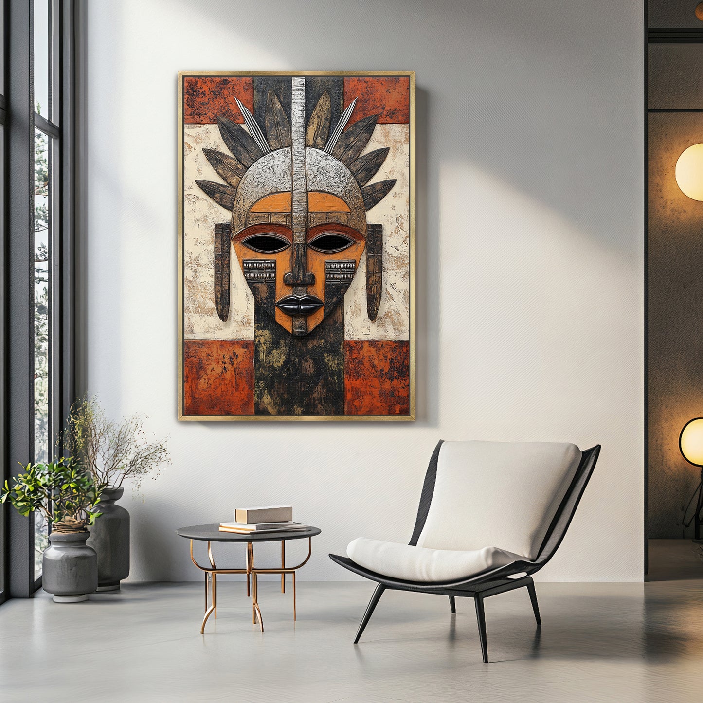 African Abstract Art Framed Canvas Print - "Guardian of Tradition"