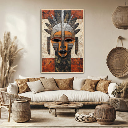 African Abstract Art Framed Canvas Print - "Guardian of Tradition"